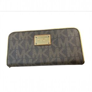 Michael Kors Brown Monogram Zip Wallet with Gold Tone Hardware
